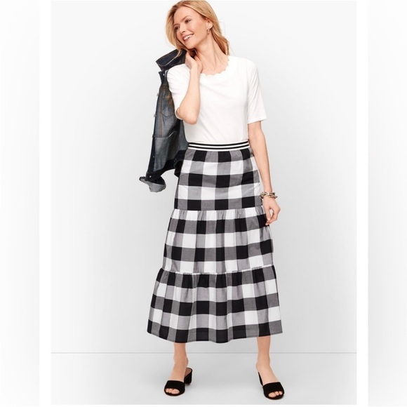 Talbots NWT Buffalo Checker print Tiered Midi Skirt black white PETITE XS - Picture 3 of 8